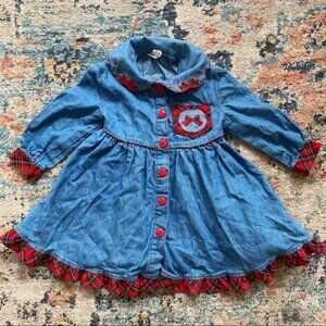 Vintage Denim Plaid Ruffle Collar Dress